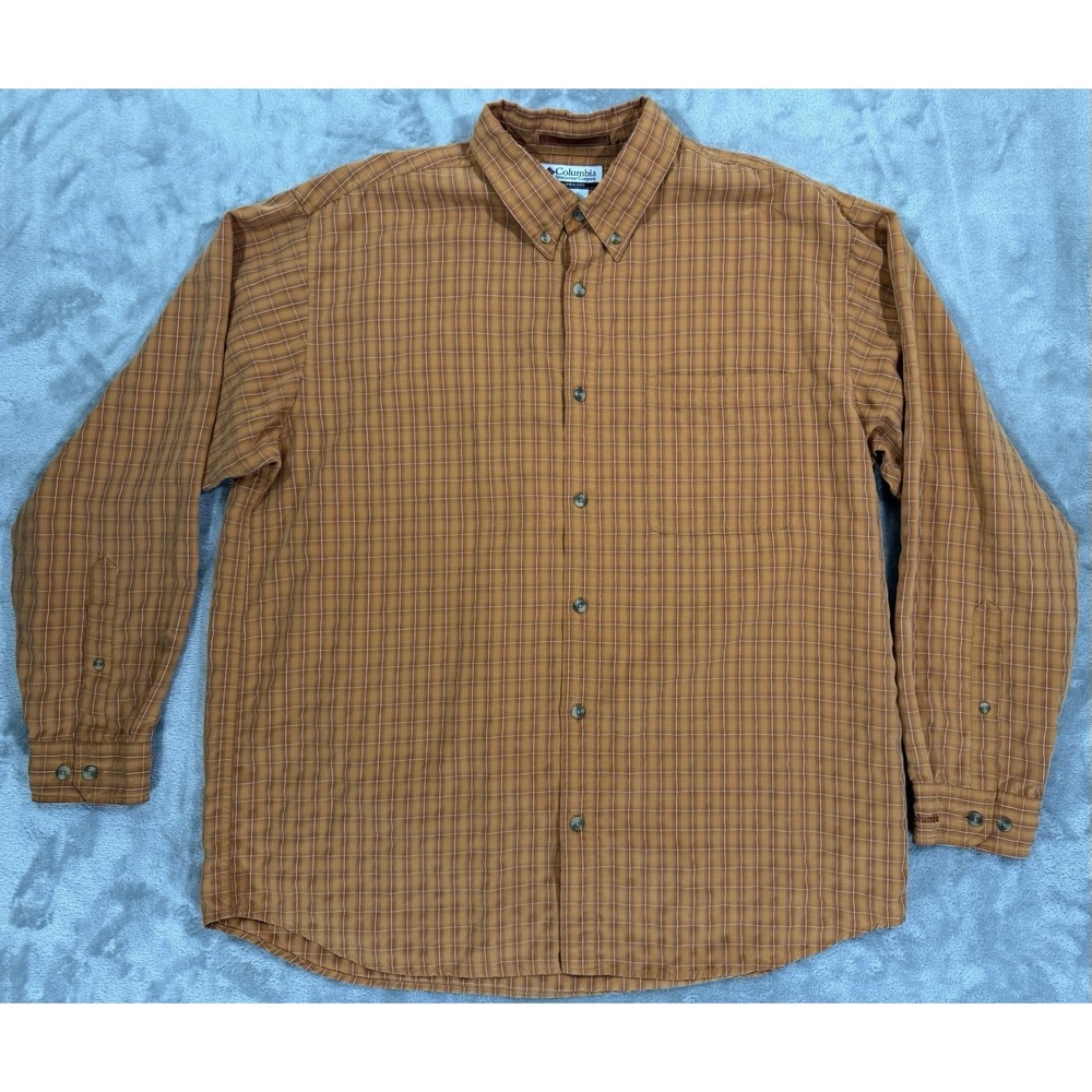 Columbia Shirt Mens L Orange Button Down Long Sleeve Chest Pocket Plaid Modal